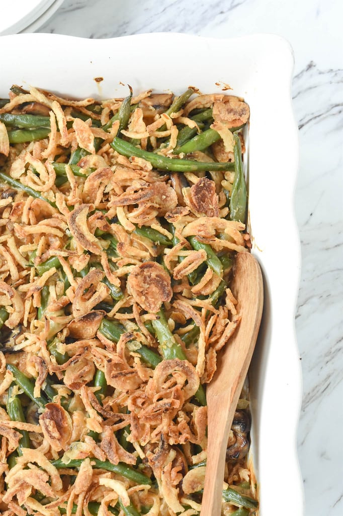 green bean casserole in a white dish