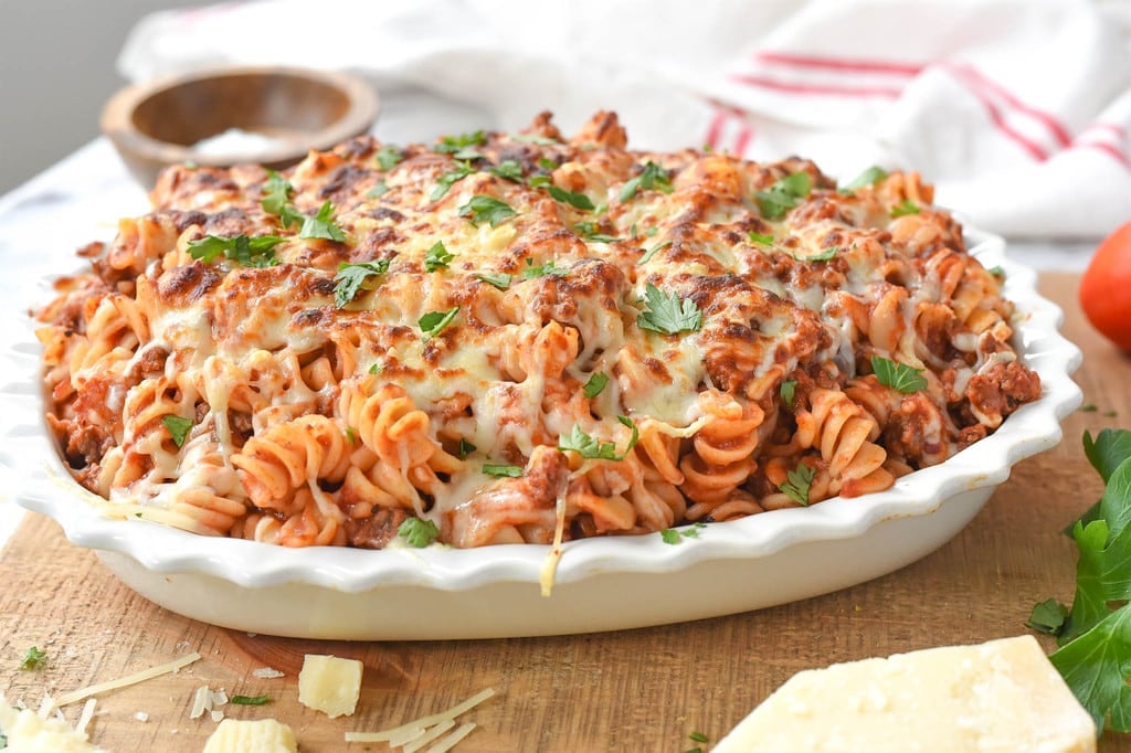 Lasagna Casserole in white casserole dish