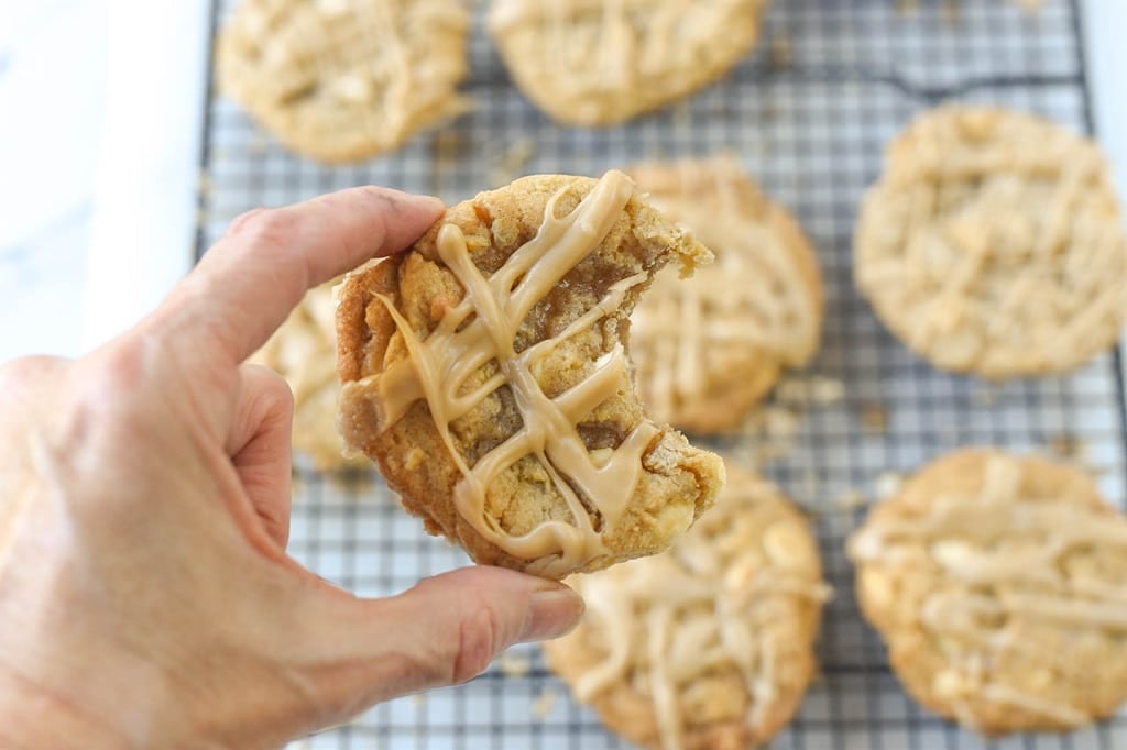 White Chocolate Chip Cookie with a bite taken out of it