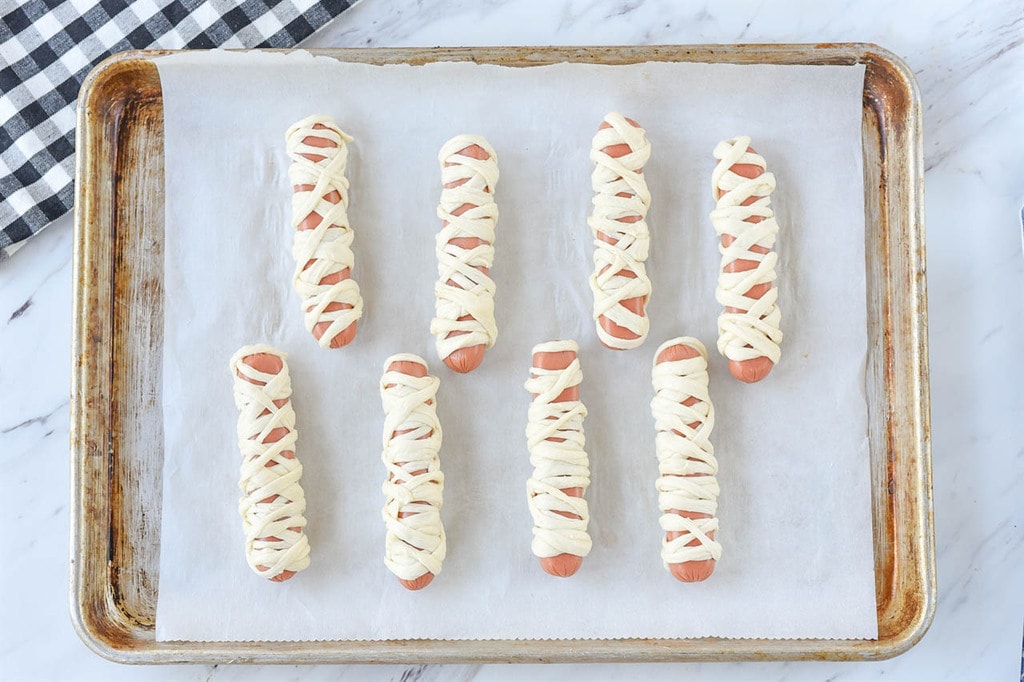 Mummy Dogs on a baking sheet