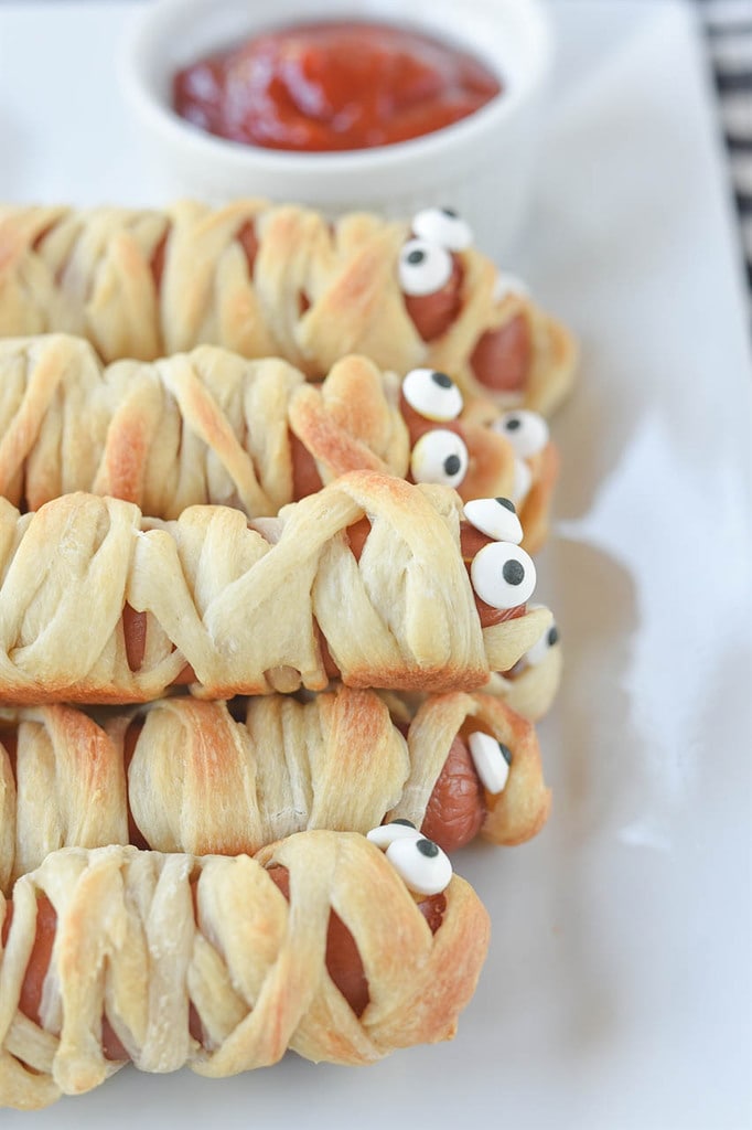 Mummy Hot Dogs with eyes
