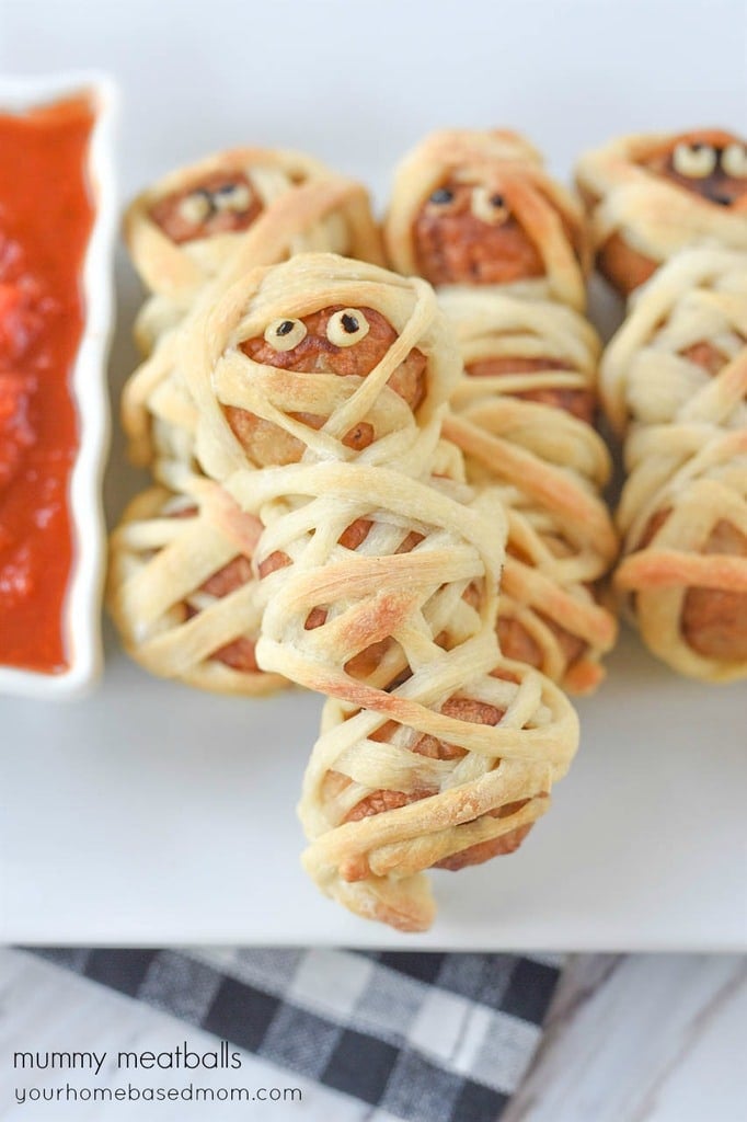 Mummy Meatballs on a serving dish