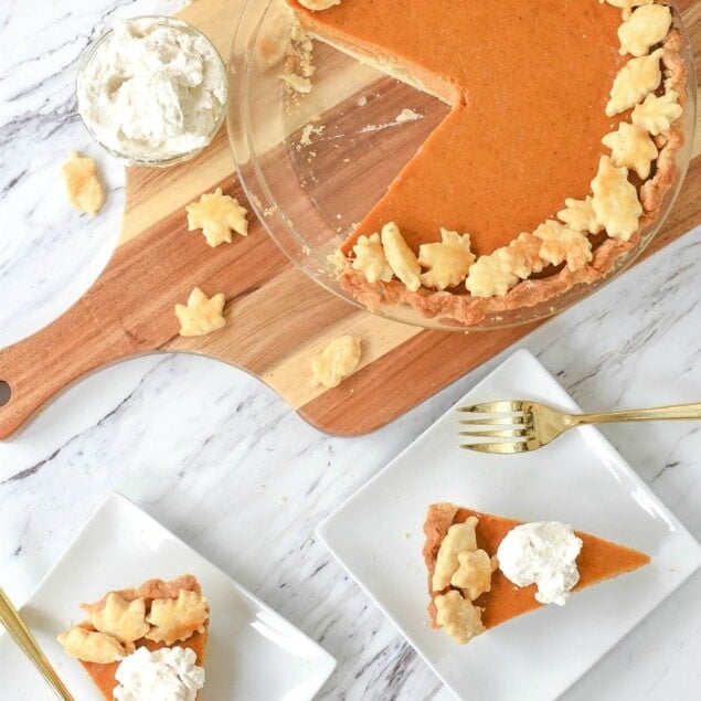 overhead shot of Pumpkin Pie and two slices of pie