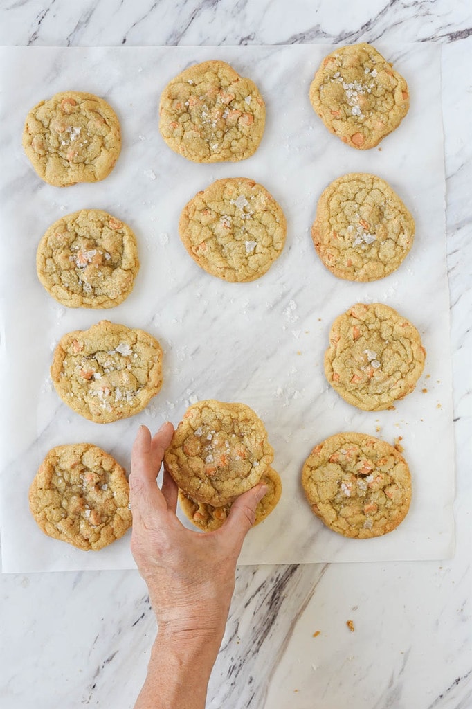 Hand grabbing a butterscotch cookie