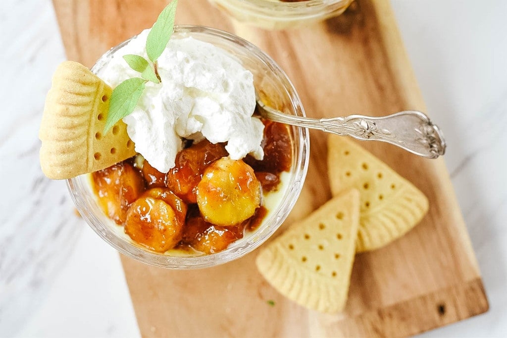 Bananas Foster Trifle with shortbread cookies
