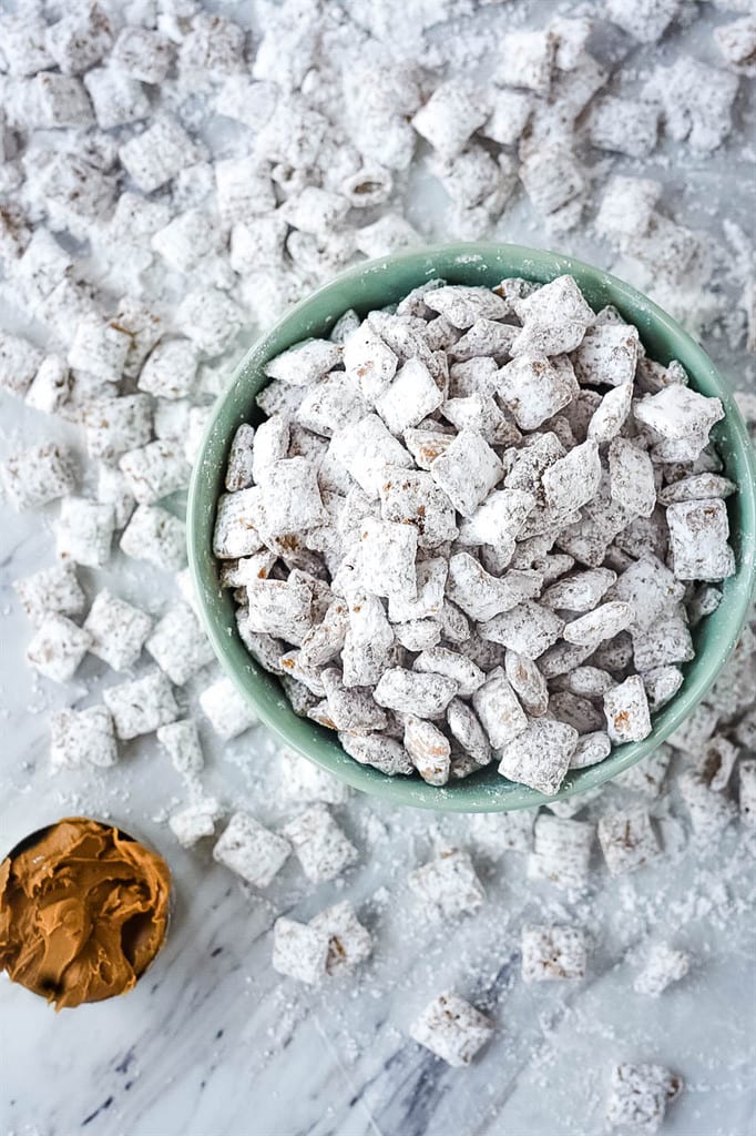 overhead shot of a bowl of puppy chow