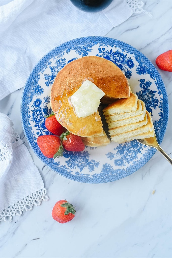 overhead shot of homemade buttermilk pancakes