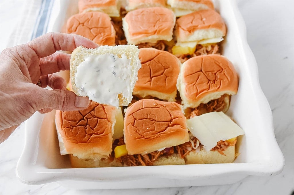 Hawaiian Chicken Sliders with lime cilantro mayo