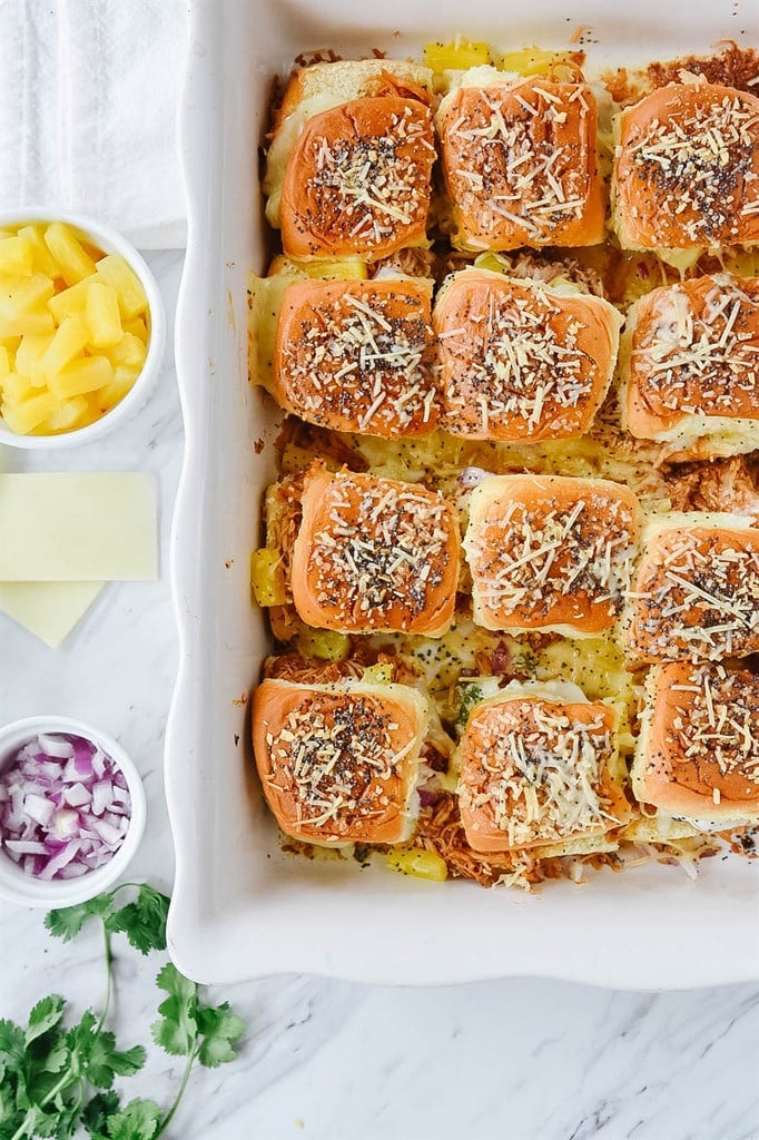 Hawaiian Chicken Sliders in a white pan