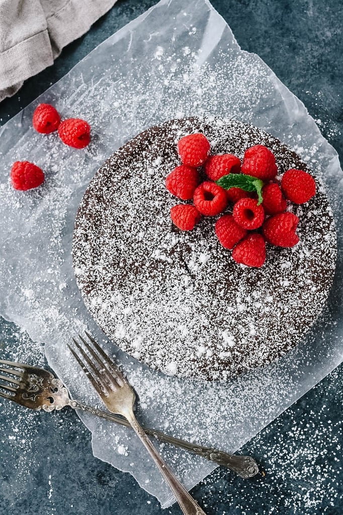 Flourless Chocolate Cake dusted with powdered sugar