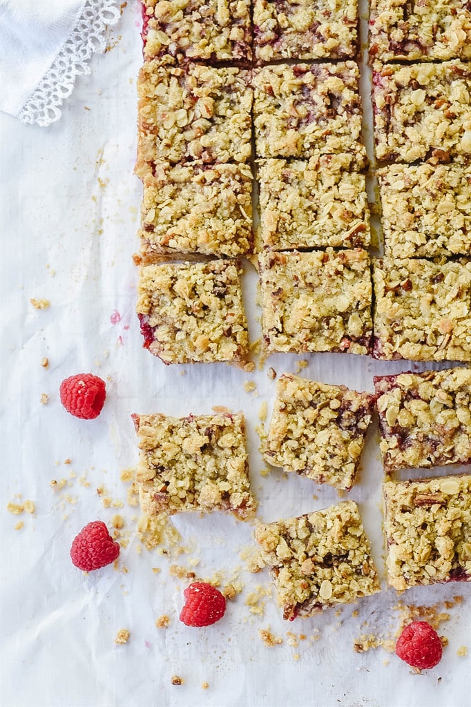 overhead shot of raspberry steusel bars