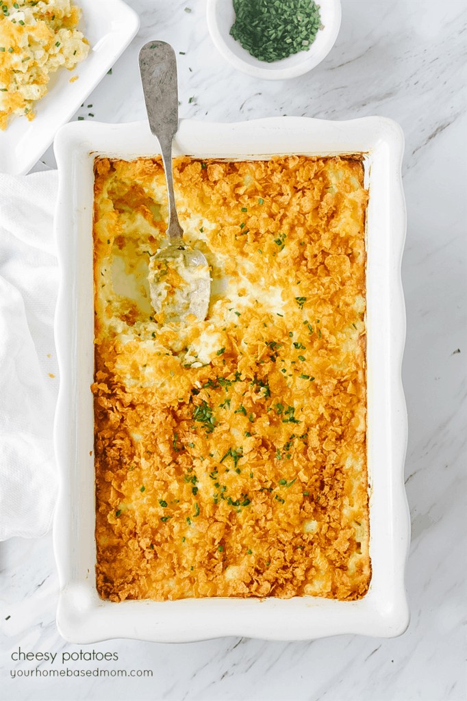 cheesy potatoes in a casserole dish