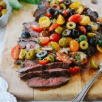 Sliced flank steak with olive relish