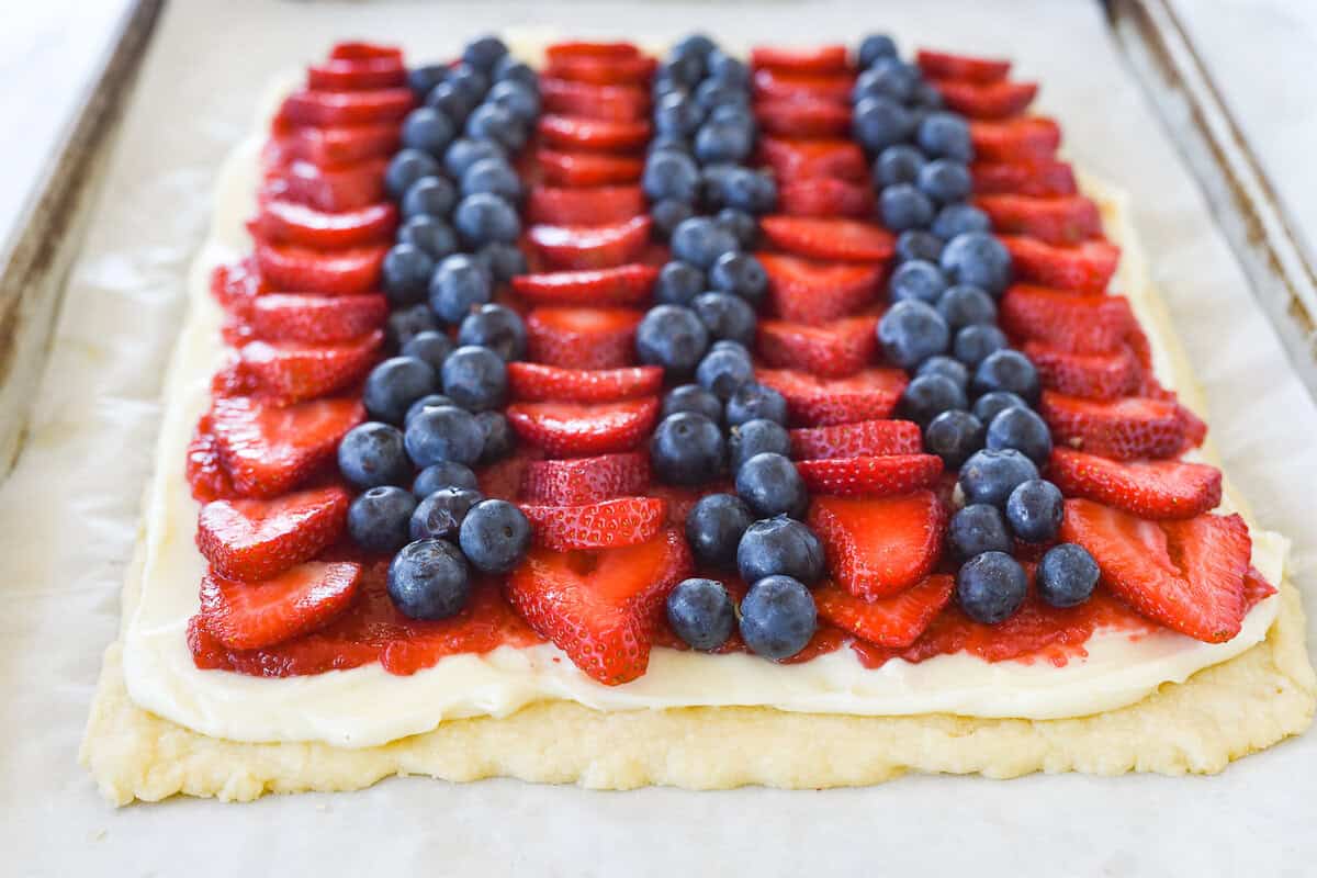 side view of a 4th of July fruit pizza