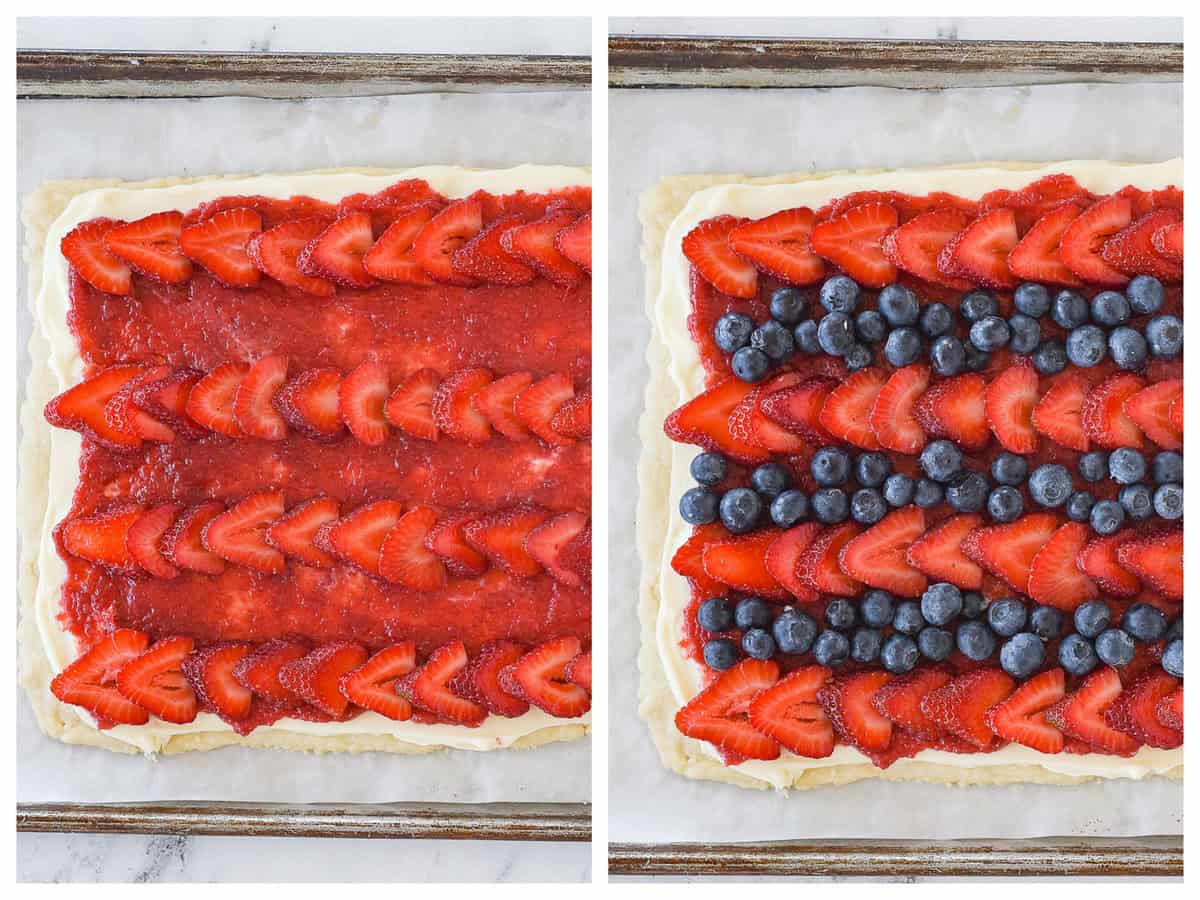 adding fruit to a 4th of july fruit pizza