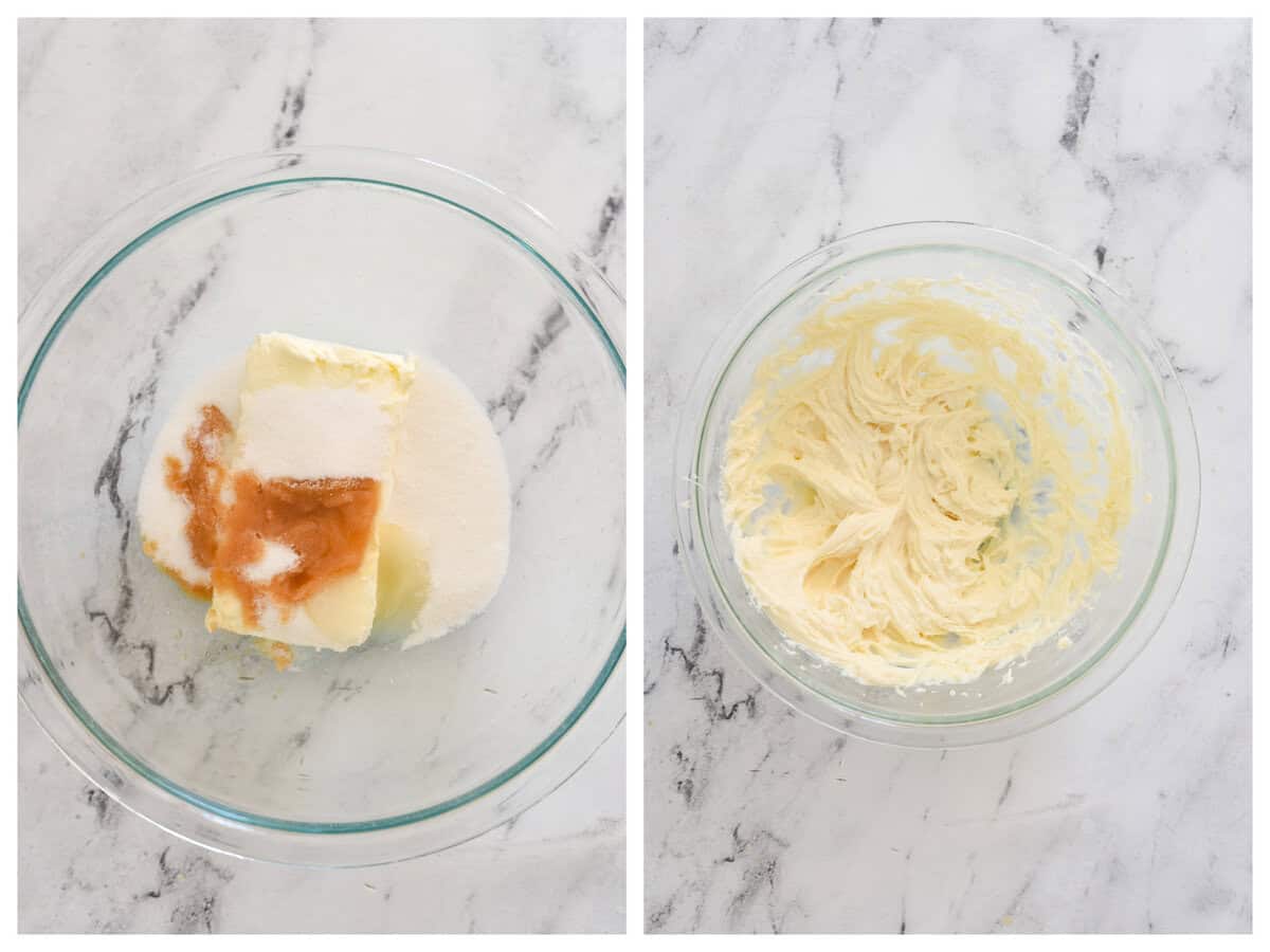 ingredients for cream cheese fruit pizza layer in two bowls
