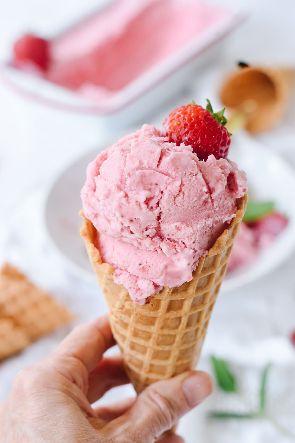 Homemade strawberry ice cream cone