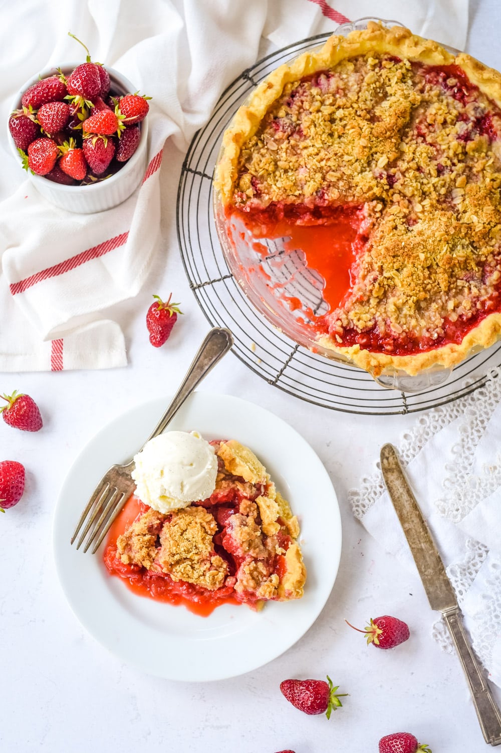 strawberry rhubarb pie on a cooling rack