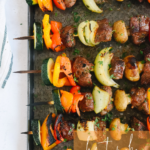 shish kabob on a baking sheet