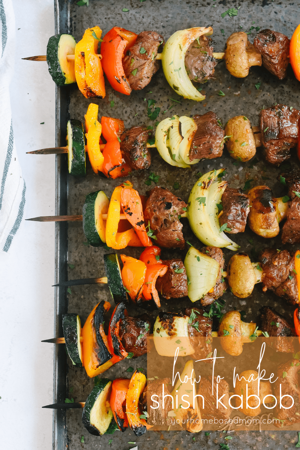 shish kabob on a baking sheet