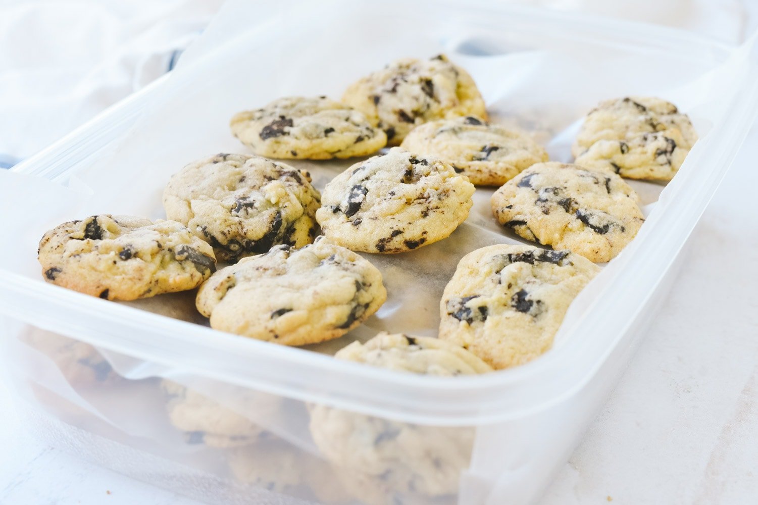 chocolate chip cookies in an air tight container 