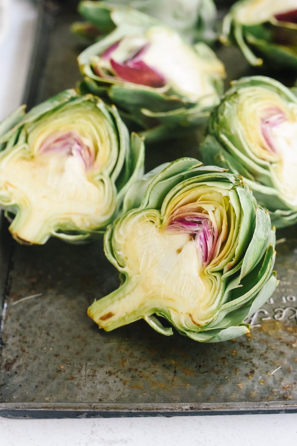 artichokes sliced in half.