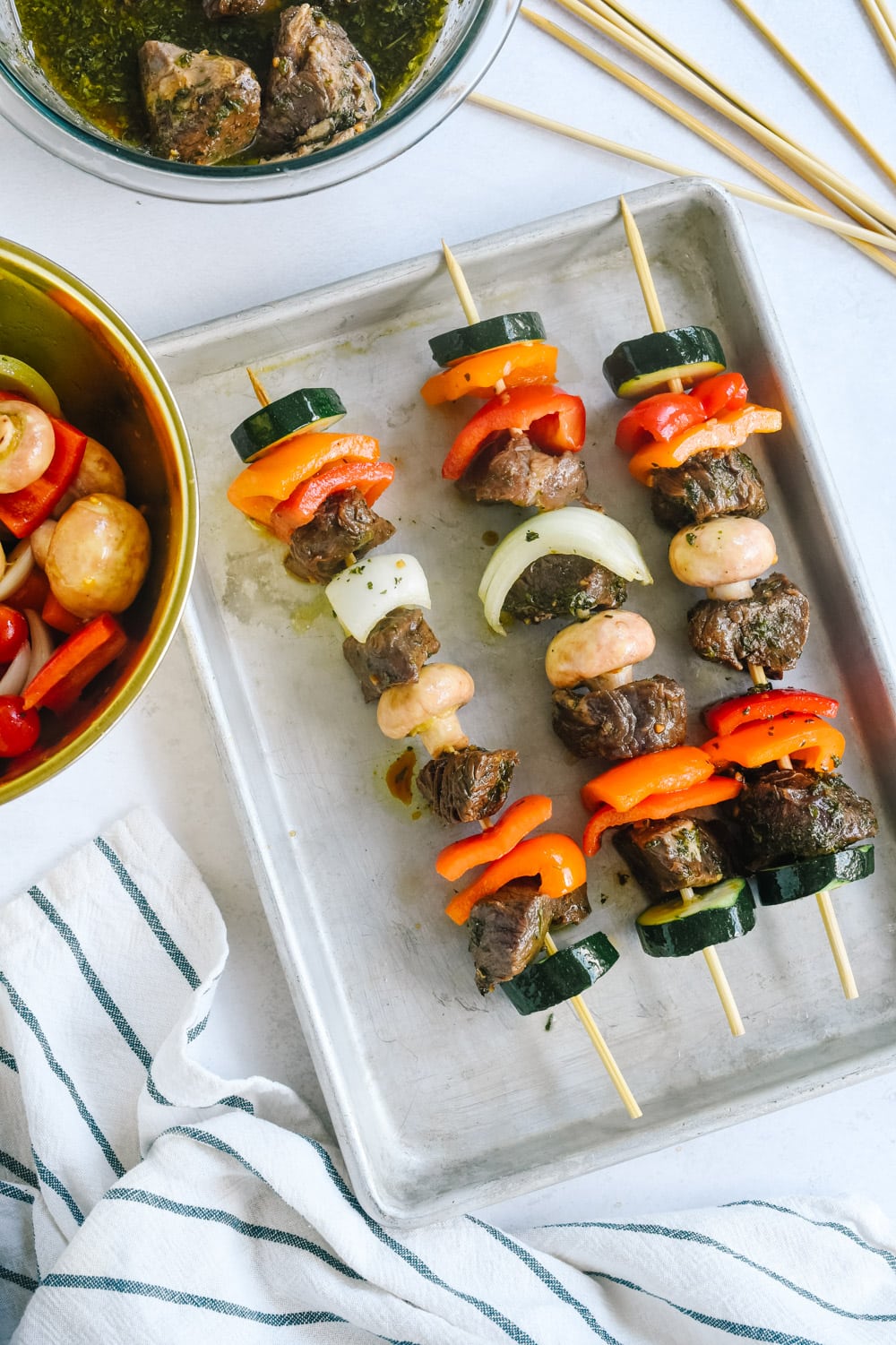 meat and veggies on skewers