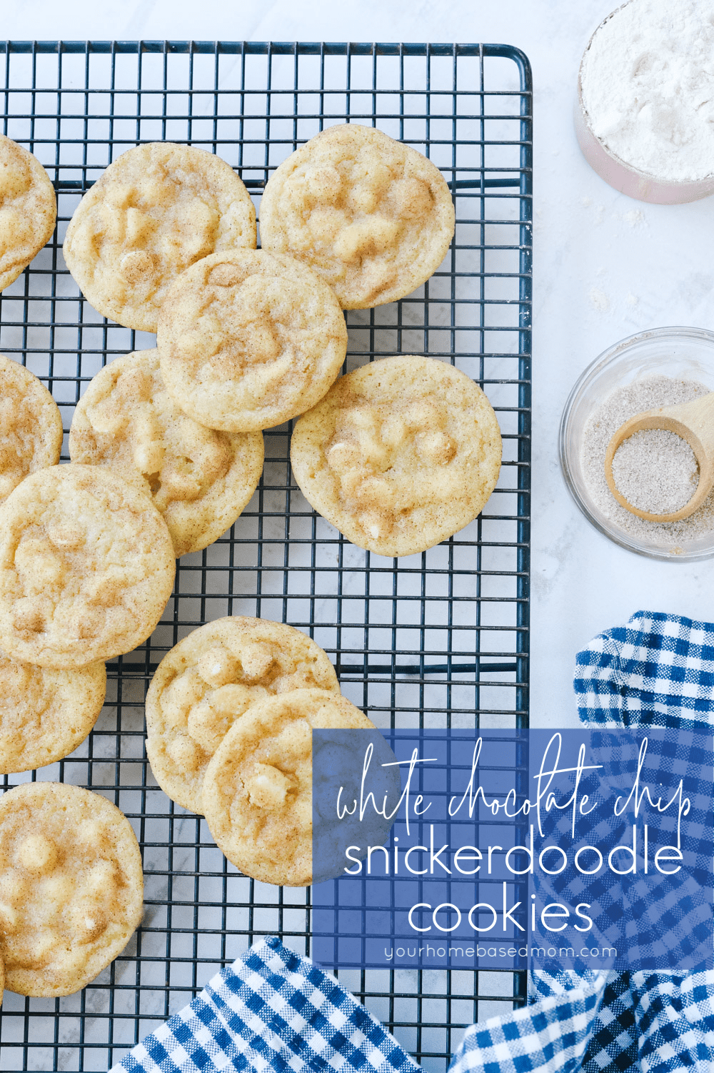 white chocolate snickerdoodles on a baking rack