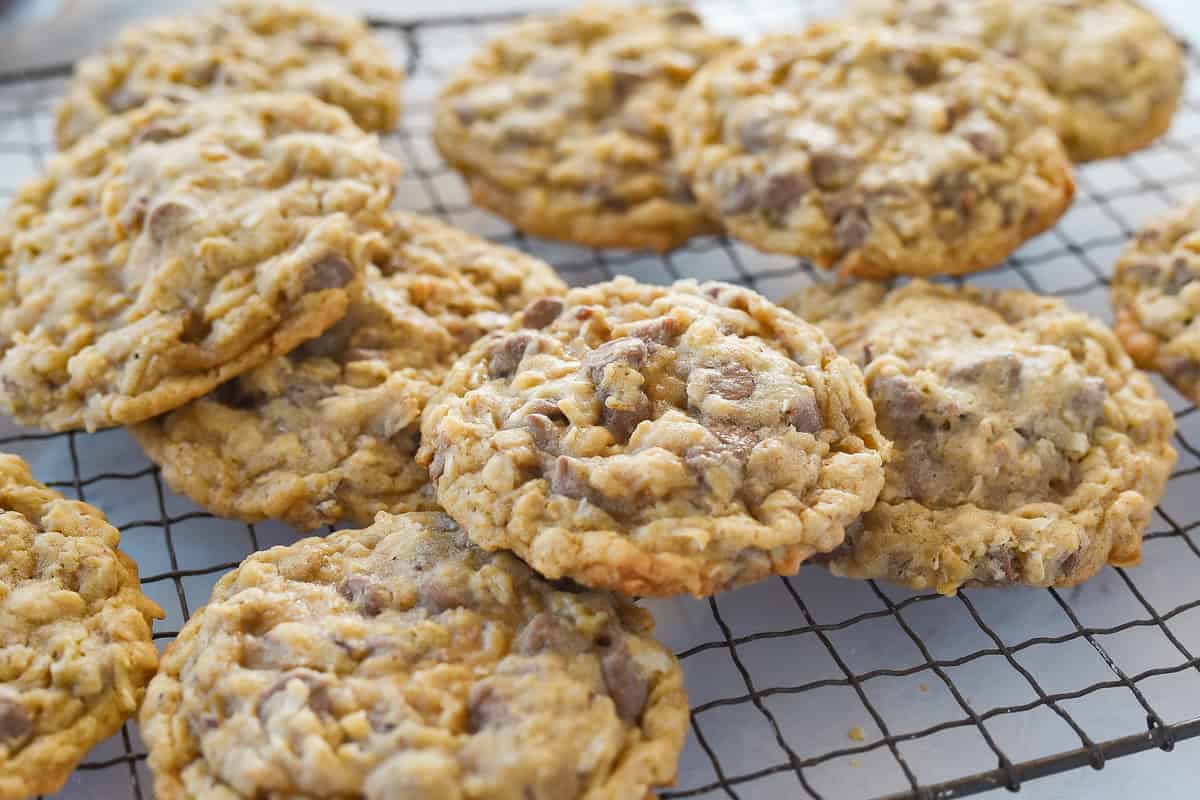 closeup of cowboy cookies on a cooling rack