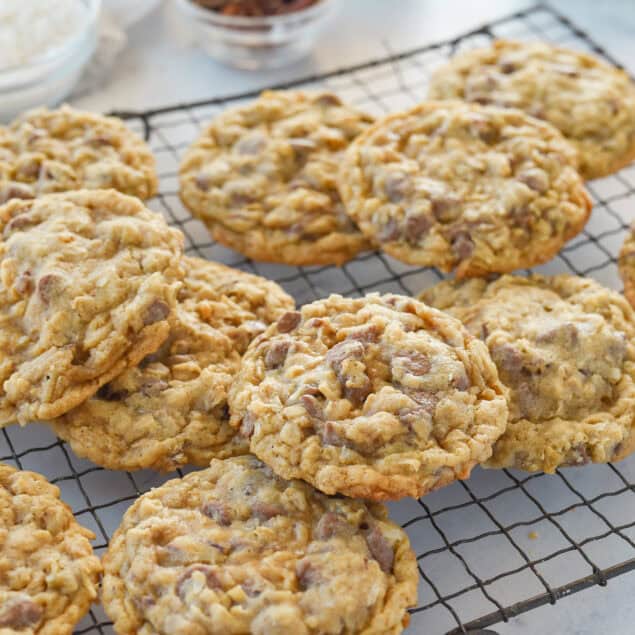 cowboy cookies on a cooling rack