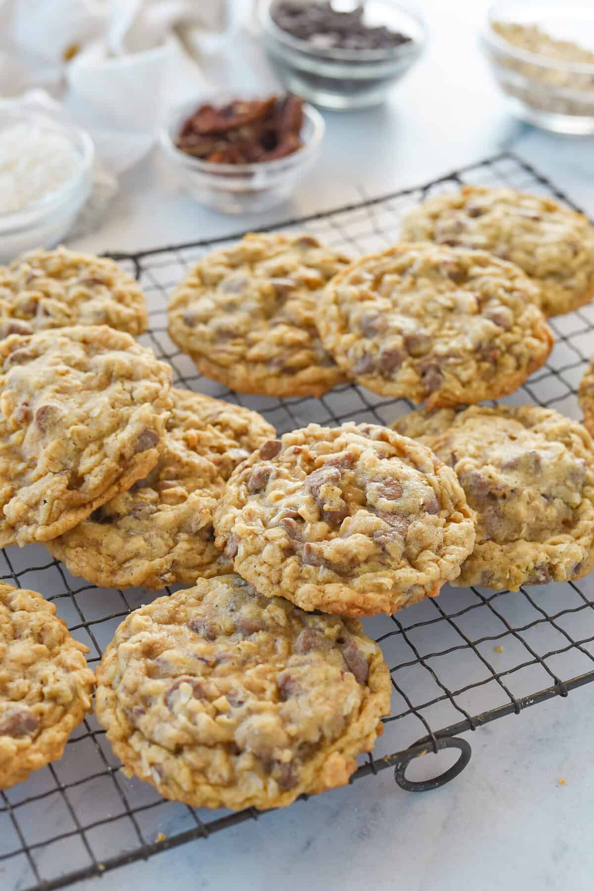 cowboy cookies on a cooling rack