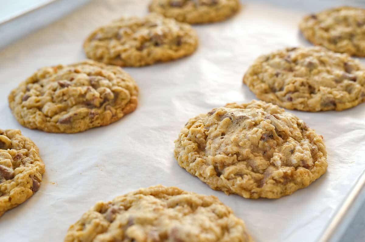 cowboy cookies on a bakingf sheet