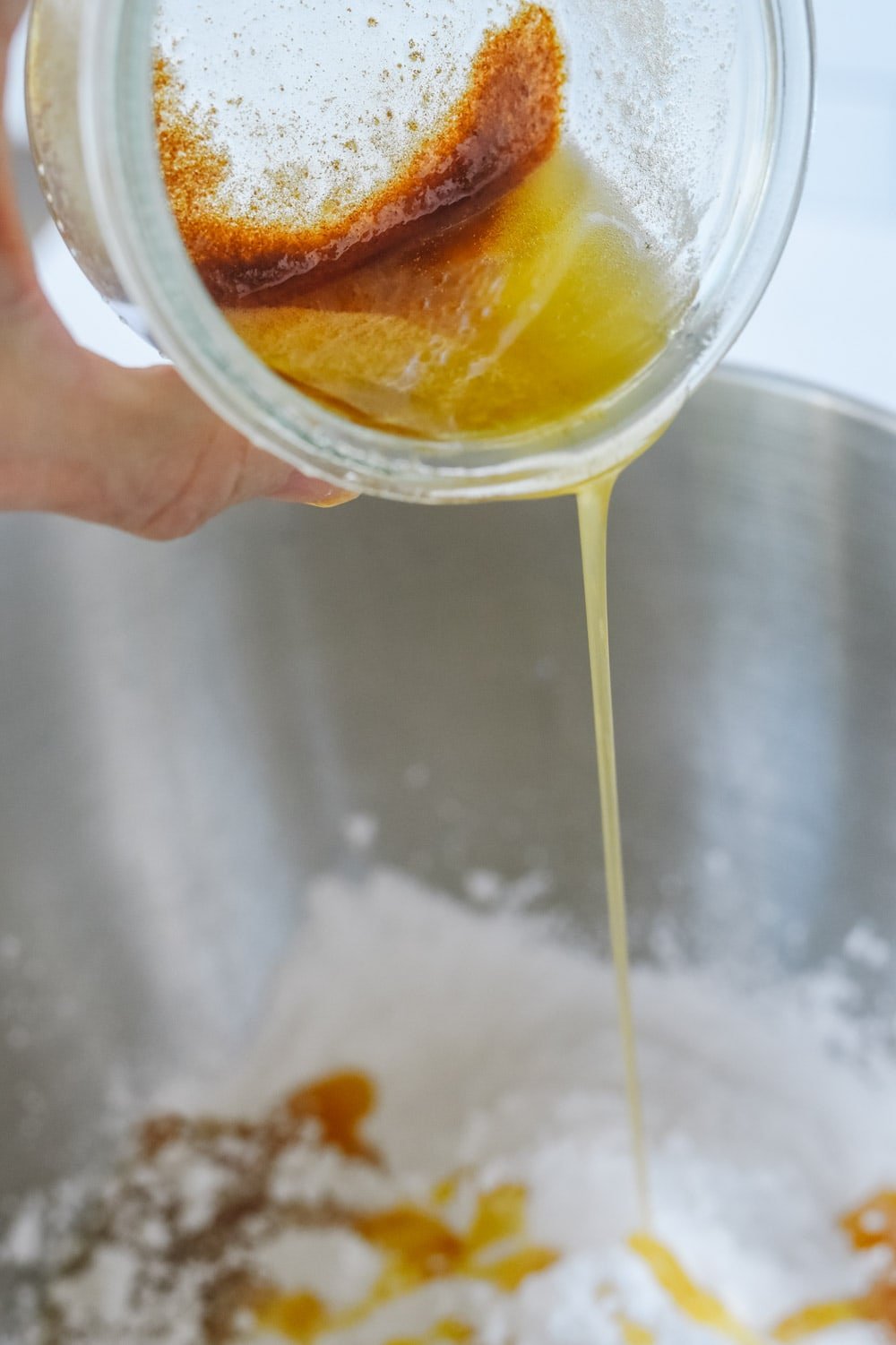 Pouring butter into pan