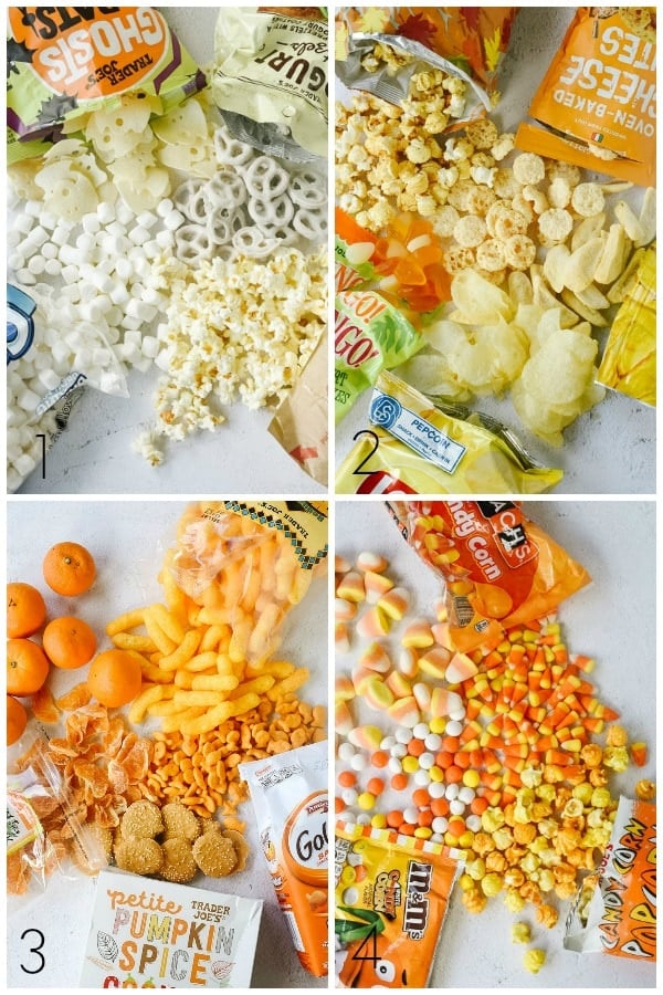 four different photos of candy corn colored snacks