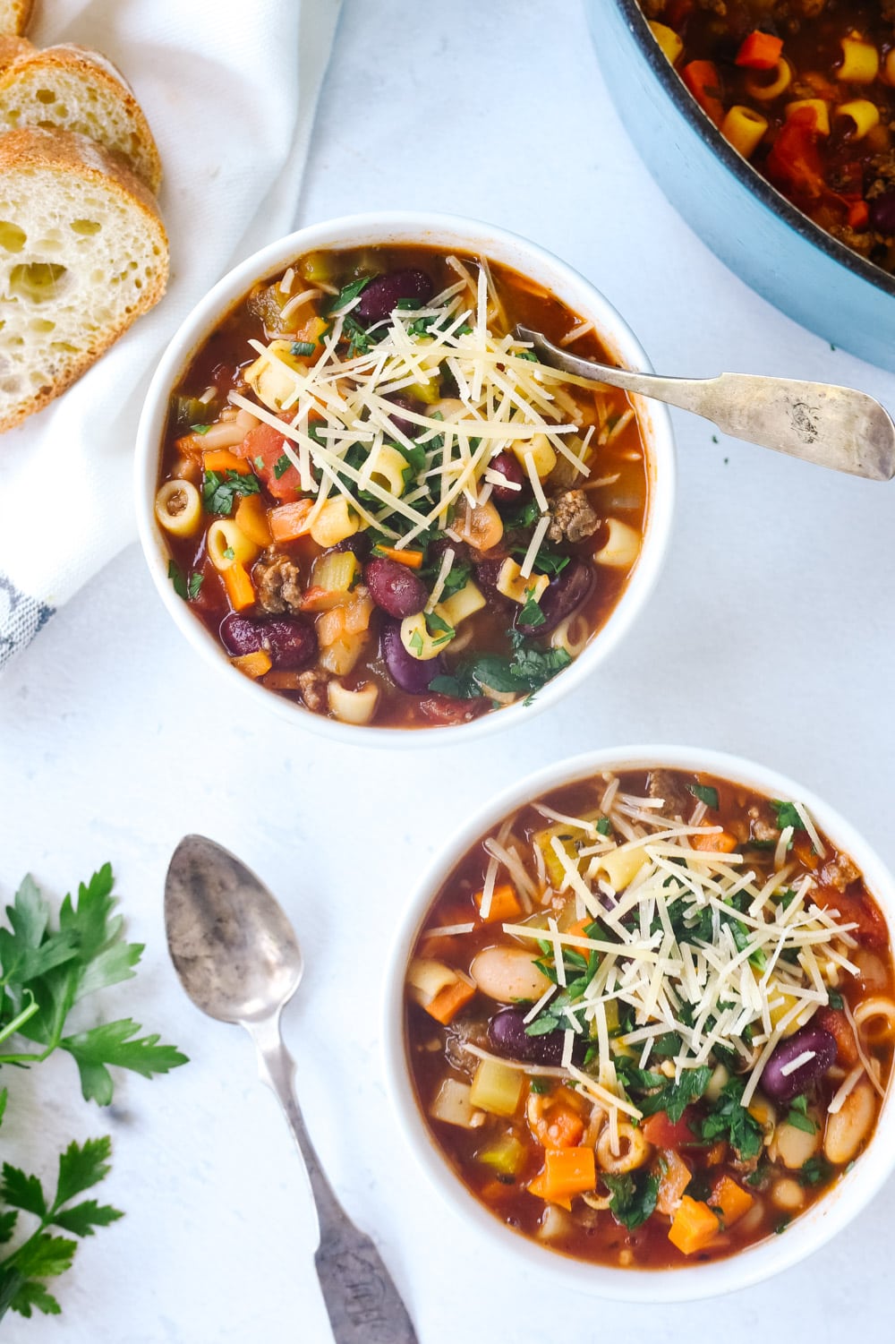 Two bowls of pasta fagioli soup