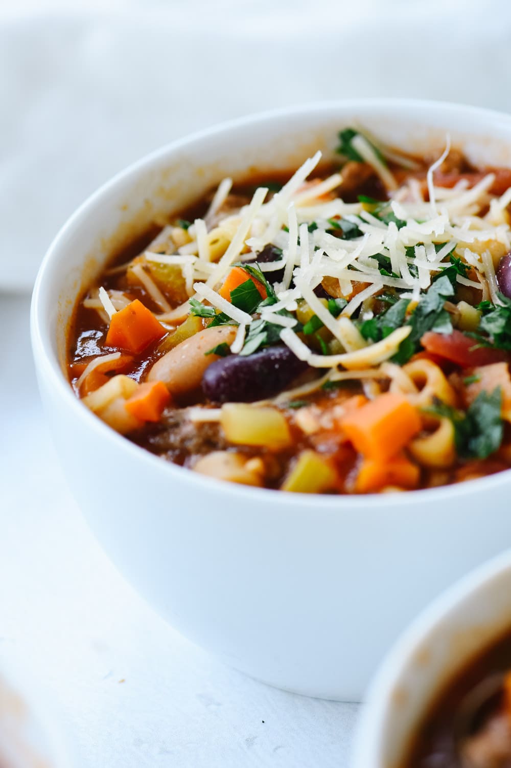 close up of bowl of pasta fagioli soup