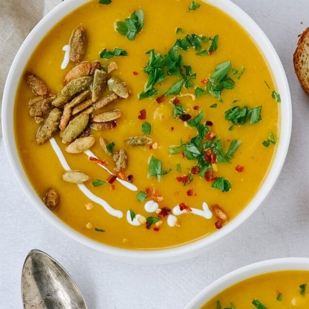 Instant Pot Butternut Squash SOup in a white bowl