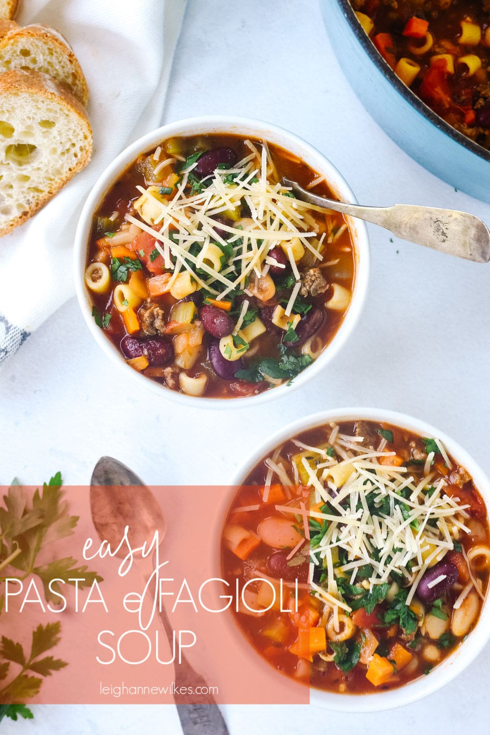 two bowls of pasta fagioli soup