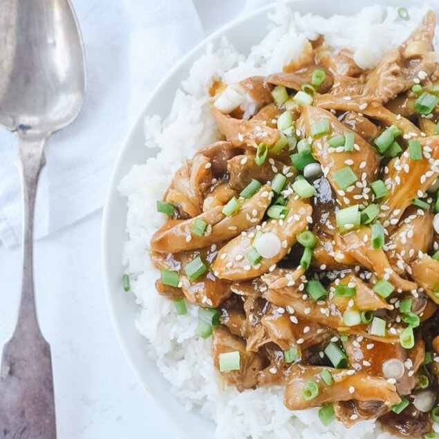 teriyaki chicken over rice on a bowl