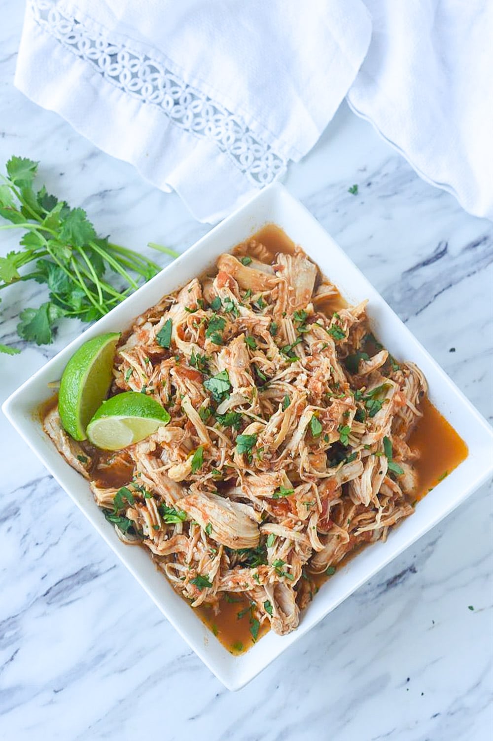 overhead shot of Instant Pot Mexican Shredded Chicken in a bowl