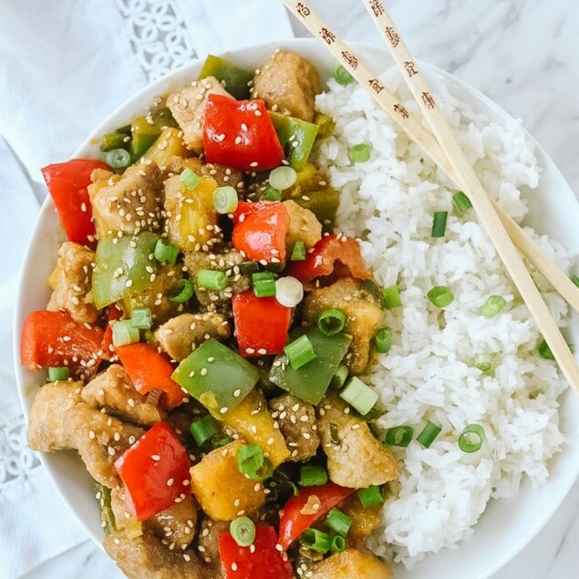 overhead shot of bowl of sweet and sour pork