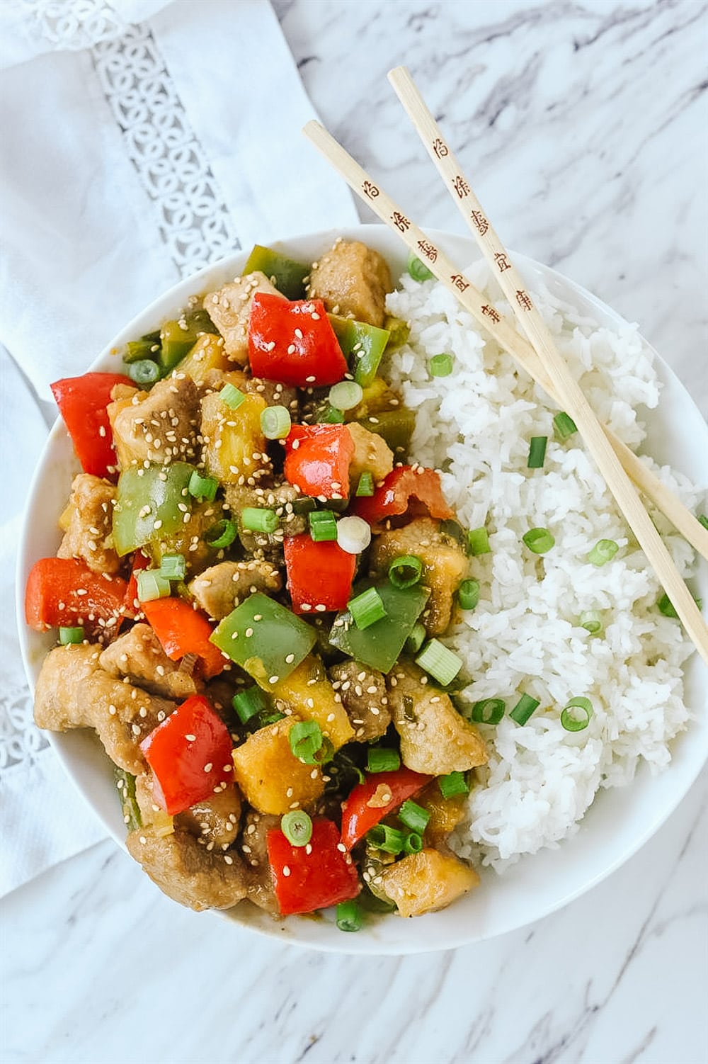 overhead shot of bowl of sweet and sour pork