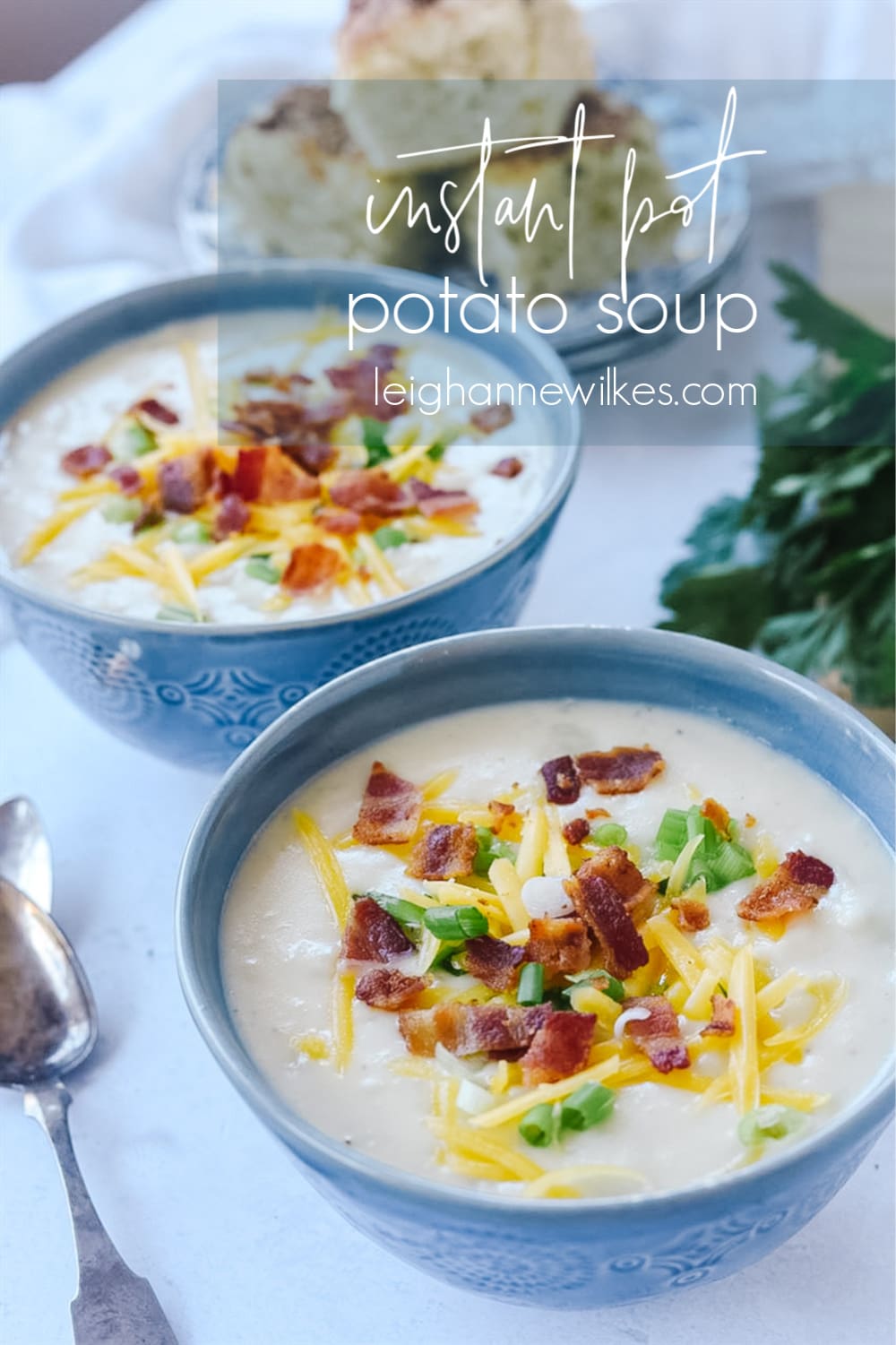 two bowls of instant pot potato soup