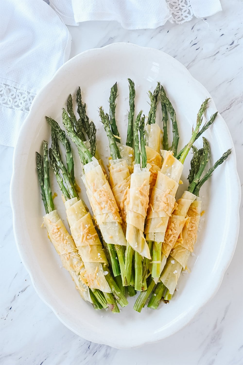 phyllo wrapped asparagus on a plate