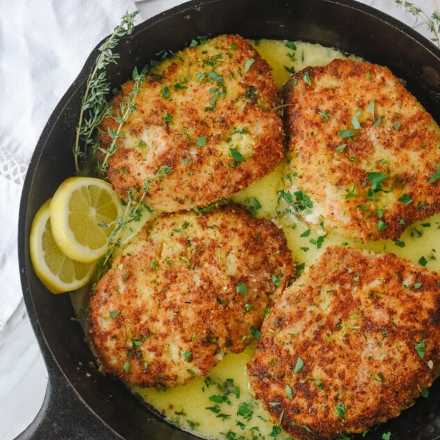 overhead shot of breaded pork chops