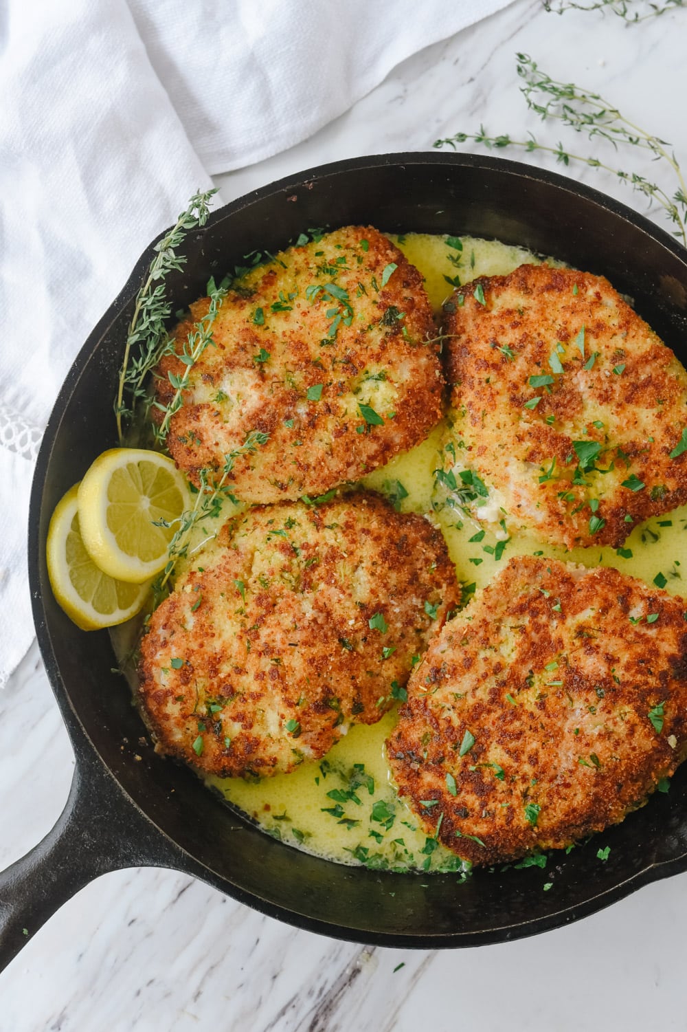 overhead shot of breaded pork chops