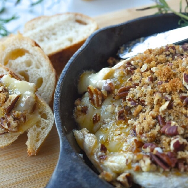 baked brie in a cast iron pan