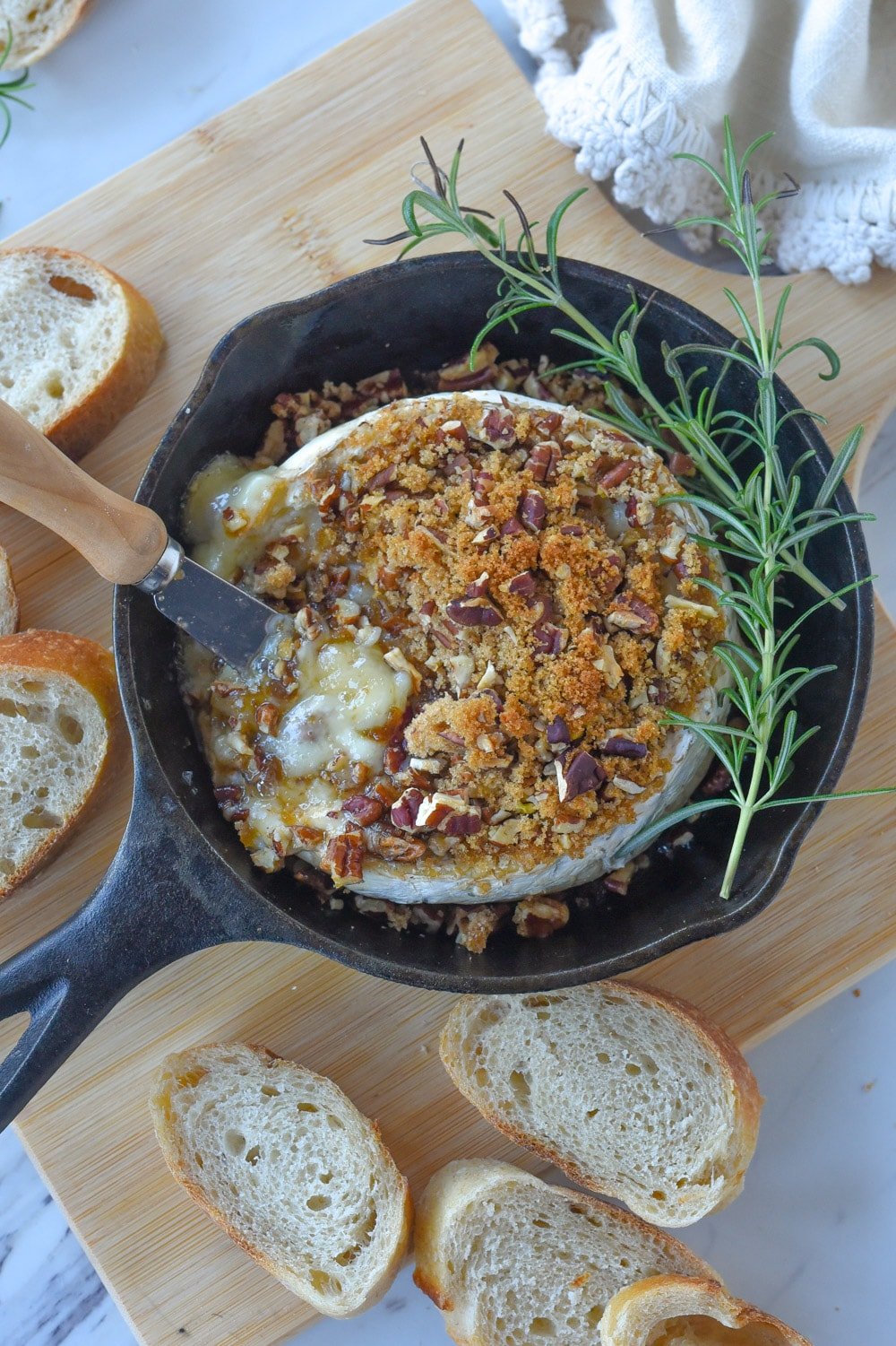 overhead shot of brown sugar brie in a pan