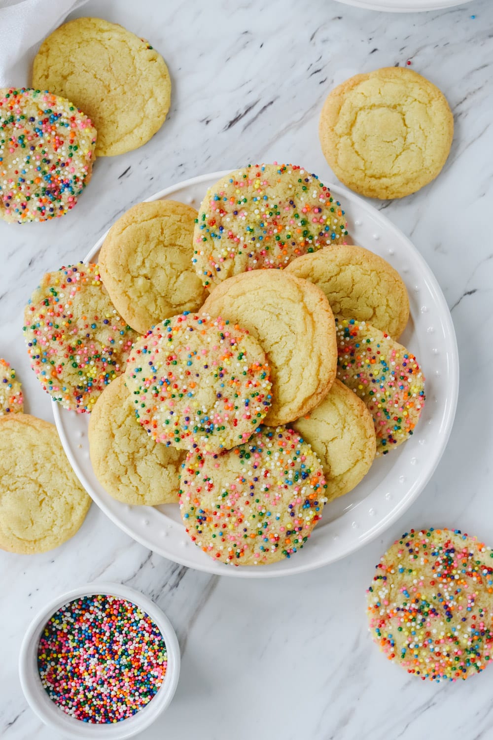 overhead shot of plate of sugar cookies