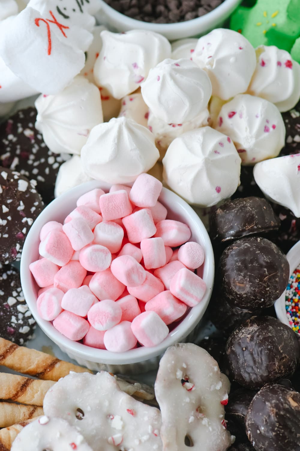 overhead shot of hot cocoa snack board